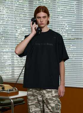 PFR AND黑色字母圆领短袖T恤 缝线拼接tee 男女宽松纯棉情侣短袖