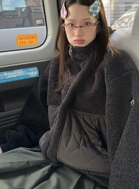 PFR AND黑色羊羔毛立领夹克 补丁设计休闲宽松短款棉服外套男女