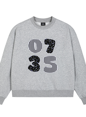 PFR AND碎花格子0735贴布刺绣圆领卫衣 情侣落肩宽松加绒长袖上衣