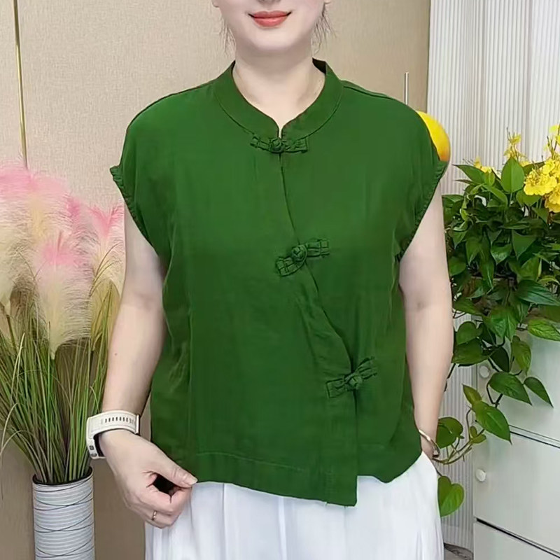 新中式风盘扣立领马甲女短袖宽松显瘦百搭妈妈装上衣