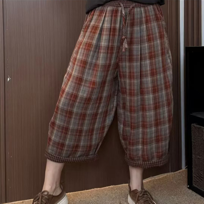 格纹纯棉八分裤女士透气松紧腰休闲宽松裤子阔腿薄款中老年妈妈装