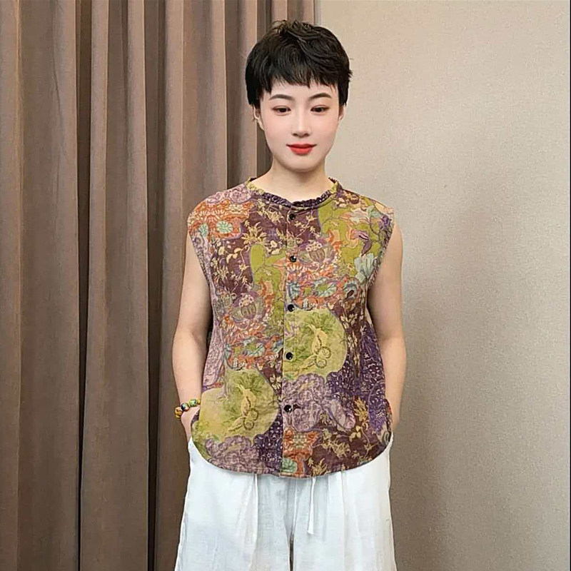新中式印花马甲女夏季百搭宽松遮肉时尚100%棉马夹坎肩外套妈妈装