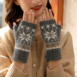 羊毛羊绒半指手套女冬天秋冬季保暖无指短款学生写字针织露指半截