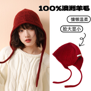 2025新款小红帽纯羊毛针织帽秋冬可系带包头帽子女百搭保暖护耳帽