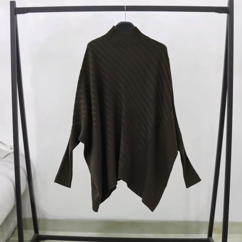 深咖色不规则中长款蝙蝠袖毛衣女秋冬新款斜条纹半高领针织衫上衣