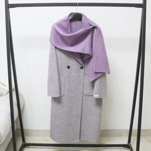 秋冬季黑红撞色围巾款双面呢大衣法式双排扣厚实保暖毛呢长外套女