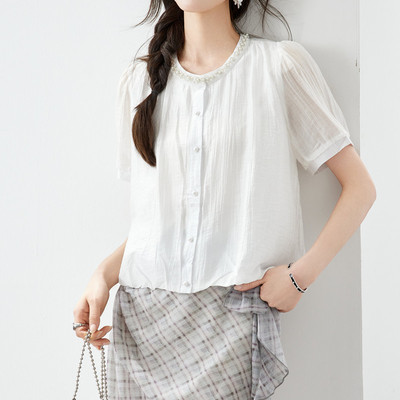 法式钉珠圆领天丝短袖衬衫泡泡袖