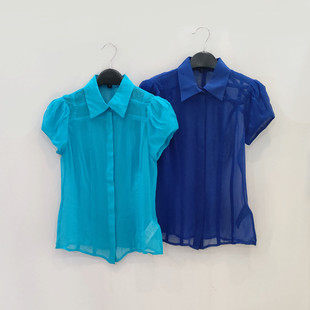 欧美外贸款夏季100真丝短袖衬衣女性感半透明桑蚕丝修身衬衫上衣