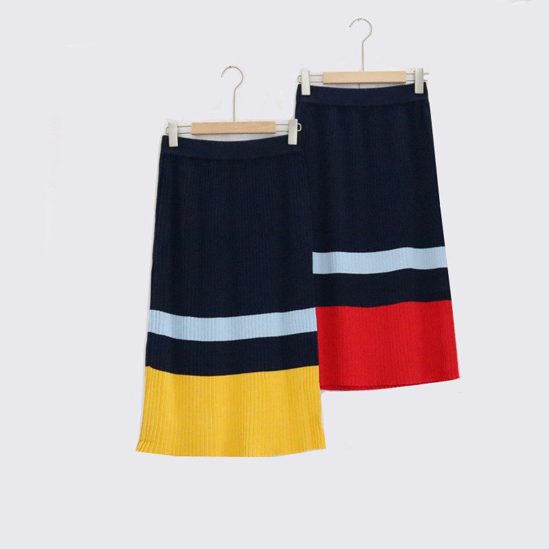 欧美出口单春秋半身裙小个子显瘦百搭针织中长款撞色高腰百褶裙女