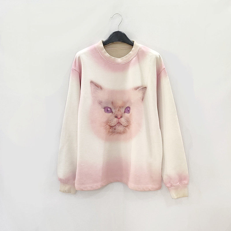 渐变色粉猫咪图案印花宽松卫衣