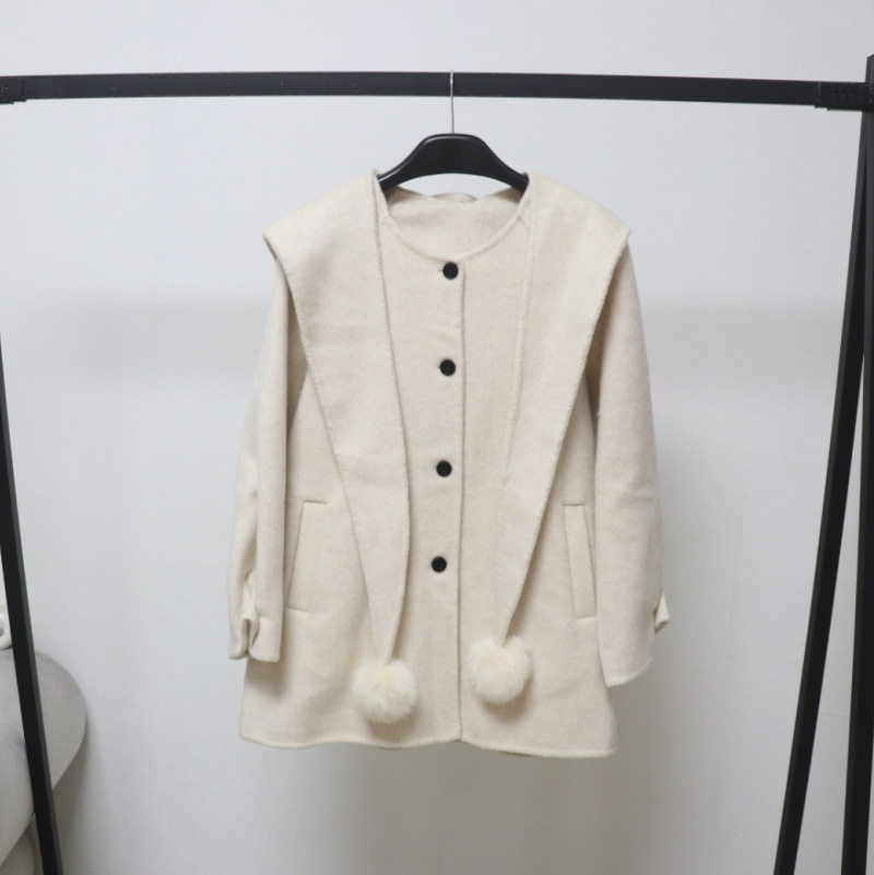韩国双面羊绒大衣短款秋冬新款披肩帽附带毛球宽松显瘦羊毛外套女