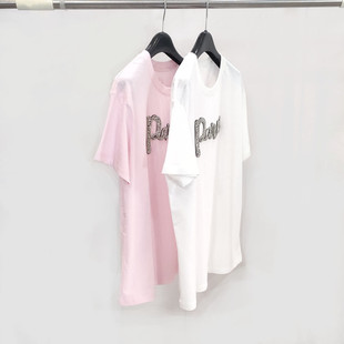欧货~法式夏季新款女装棉质甜美粉色短袖圆领T恤上衣重磅钉珠绣钻