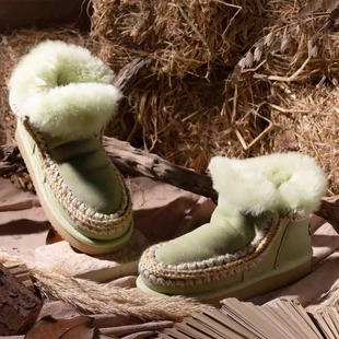 2024小众明朗色系羊皮毛一体爱斯基摩18cm冬季 加厚平底雪地靴女