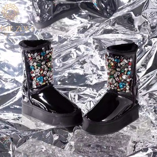 重工水钻皮毛一体羊毛厚底隐形内增高10.5cm保暖雪地靴女 内增高