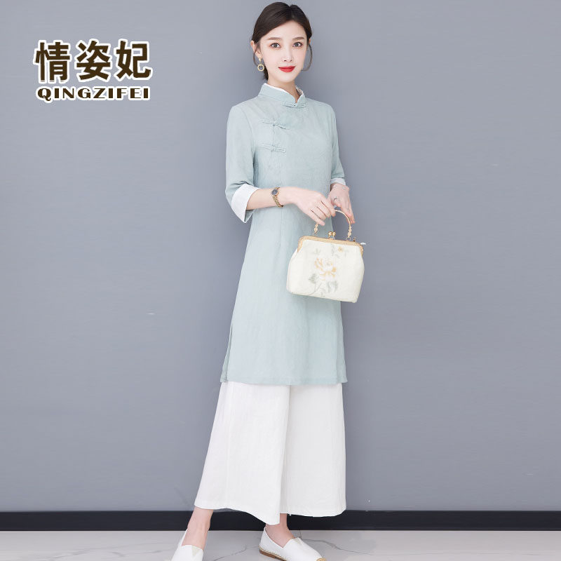 养生馆采耳工作服夏季汉服女复古茶艺服中式唐装改良旗袍上衣套装