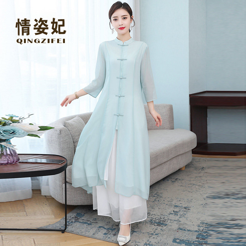 茶服女禅意文艺汉服中国风改良旗袍连衣裙中式复古唐装上衣两件套
