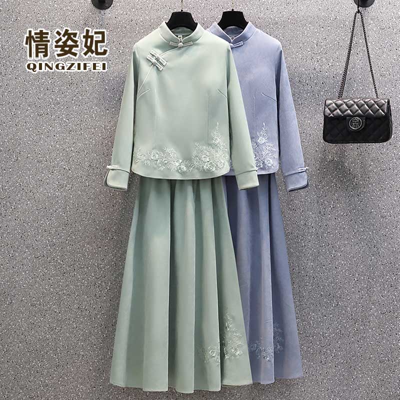 秋冬汉服民国复古女装禅意茶服中国风大码改良旗袍唐装上衣两件套