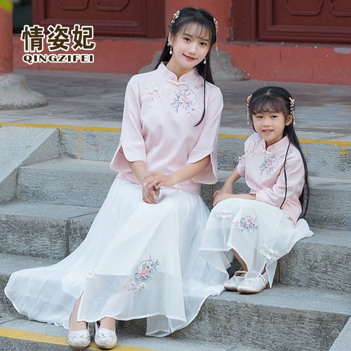Комплект, ципао, ханьфу, семейный стиль, китайский стиль, из хлопка и льна