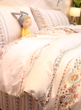 美式简约民宿风田园风纯棉四件套白色小碎花全棉被套床单床笠款