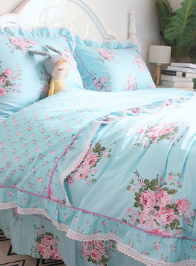 韩版田园花卉小清新床上四件套纯棉全棉荷叶边床单绿色小碎花被套