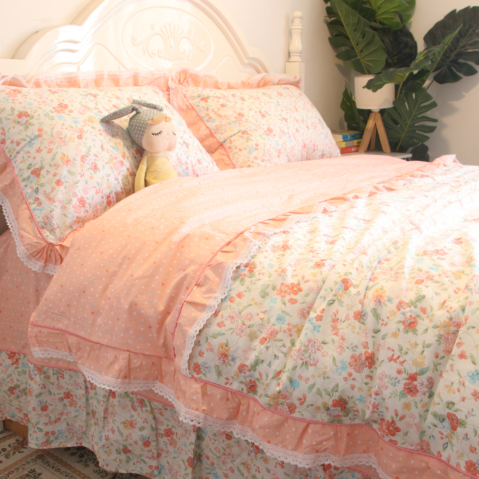 韩版田园风粉色小碎花全棉四件套纯棉床单蕾丝花边被套床上用品