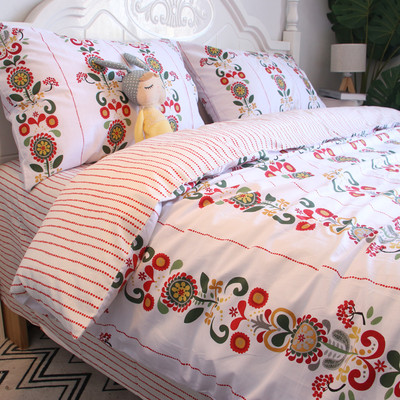 民族风撞色纯棉床上四件套条纹床单单件 太阳花被套枕套自由搭配