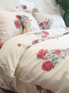 田园风白色花边四件套纯棉被套全棉韩式婚庆红色床单床上用品