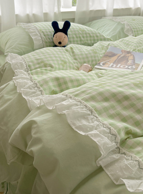 韩版绿色少女心蝴蝶结四件套纯棉被套床单全棉韩式公主床上用品