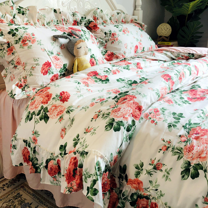 韩版花边田园风花卉小清新床上四件套全棉纯棉被套床单床笠床裙款