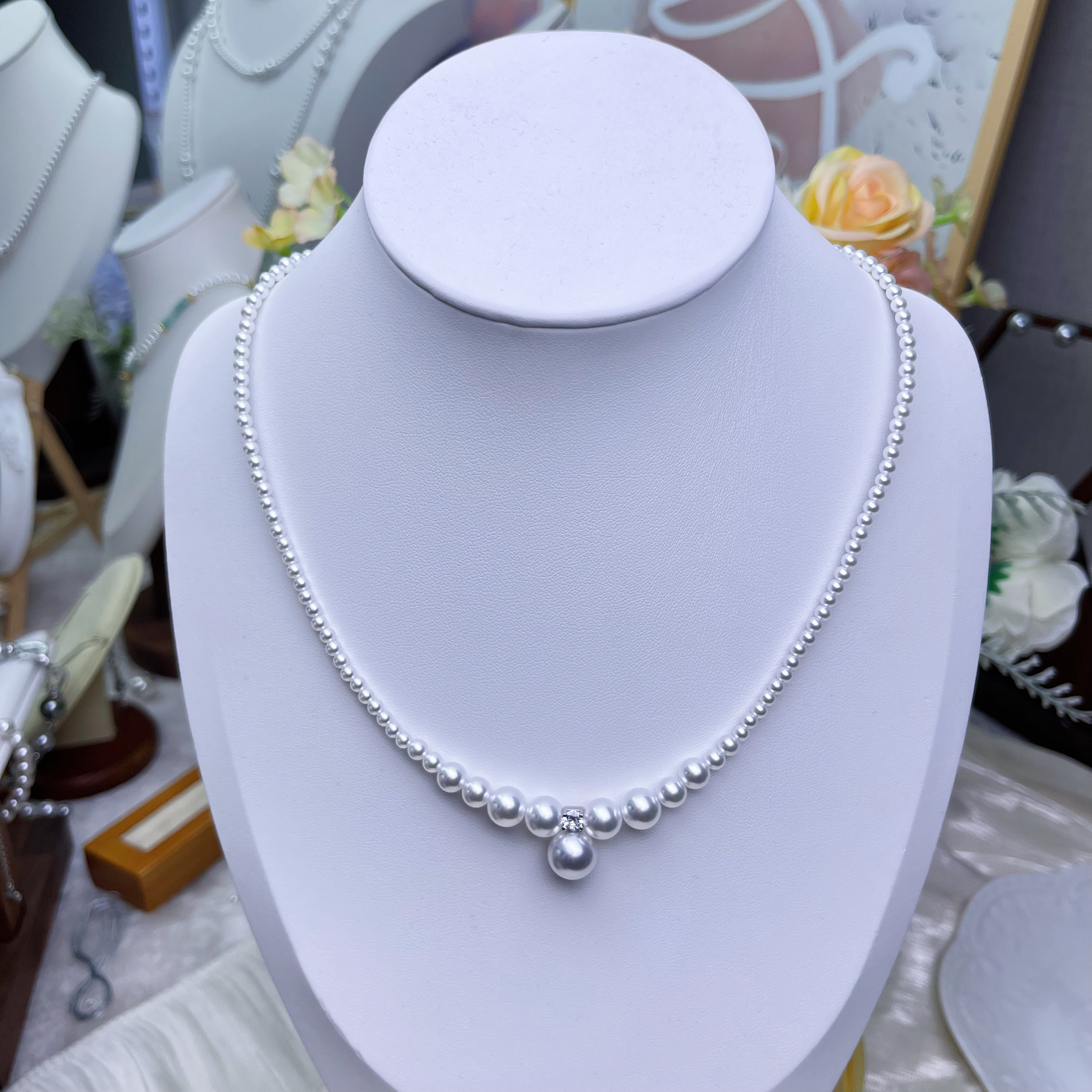 3/4/6/8/10mm冷白王妃施家珠塔链豌豆磁吸扣（45厘米）