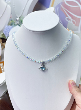 薄荷绿施家水晶土星吊坠项链42+5厘米