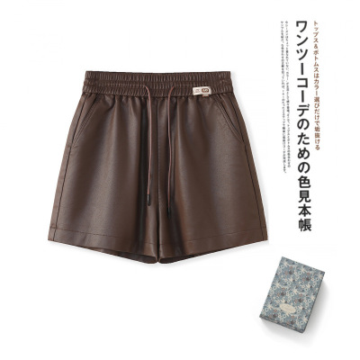 爆款女装抽绳咖色PU皮短裤秋冬20