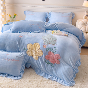 韩版加厚牛奶绒公主风花边四件套床单珊瑚被套加绒床上用品4件套