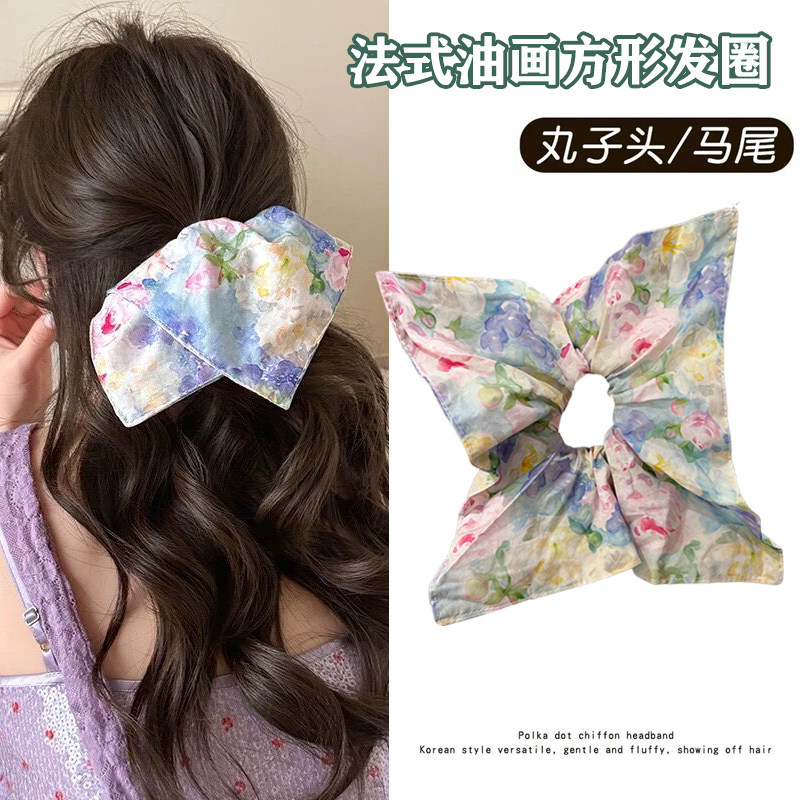 莫兰迪晕染花朵布艺方巾发圈女素颜出游浪漫仙气低马尾盘发头绳
