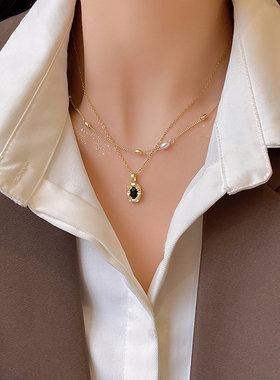 黑色锆石吊坠项链双层叠戴锁骨链