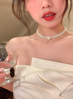 温柔贝母蝴蝶多层珍珠项链配饰女轻奢小众高级感颈链毛衣链choker
