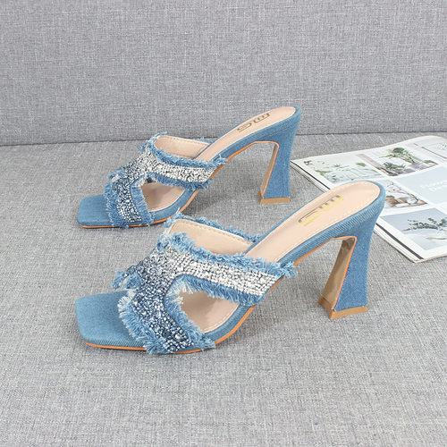 牛仔布水钻高跟拖鞋女粗跟