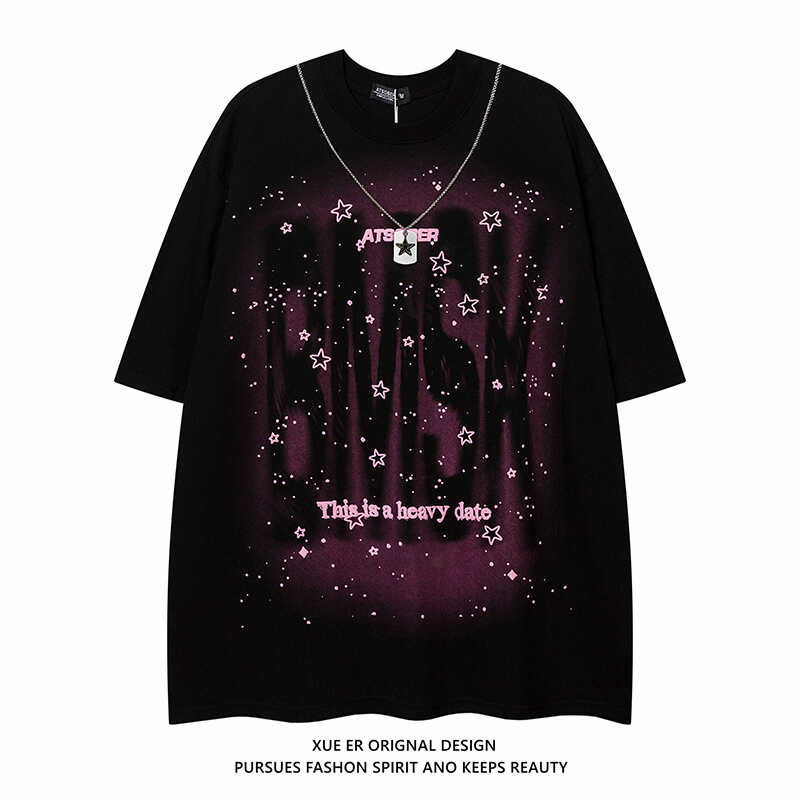 XUE ER 爆炸星球 满天星24潮男t恤泼墨字母印花项链短袖情侣短袖