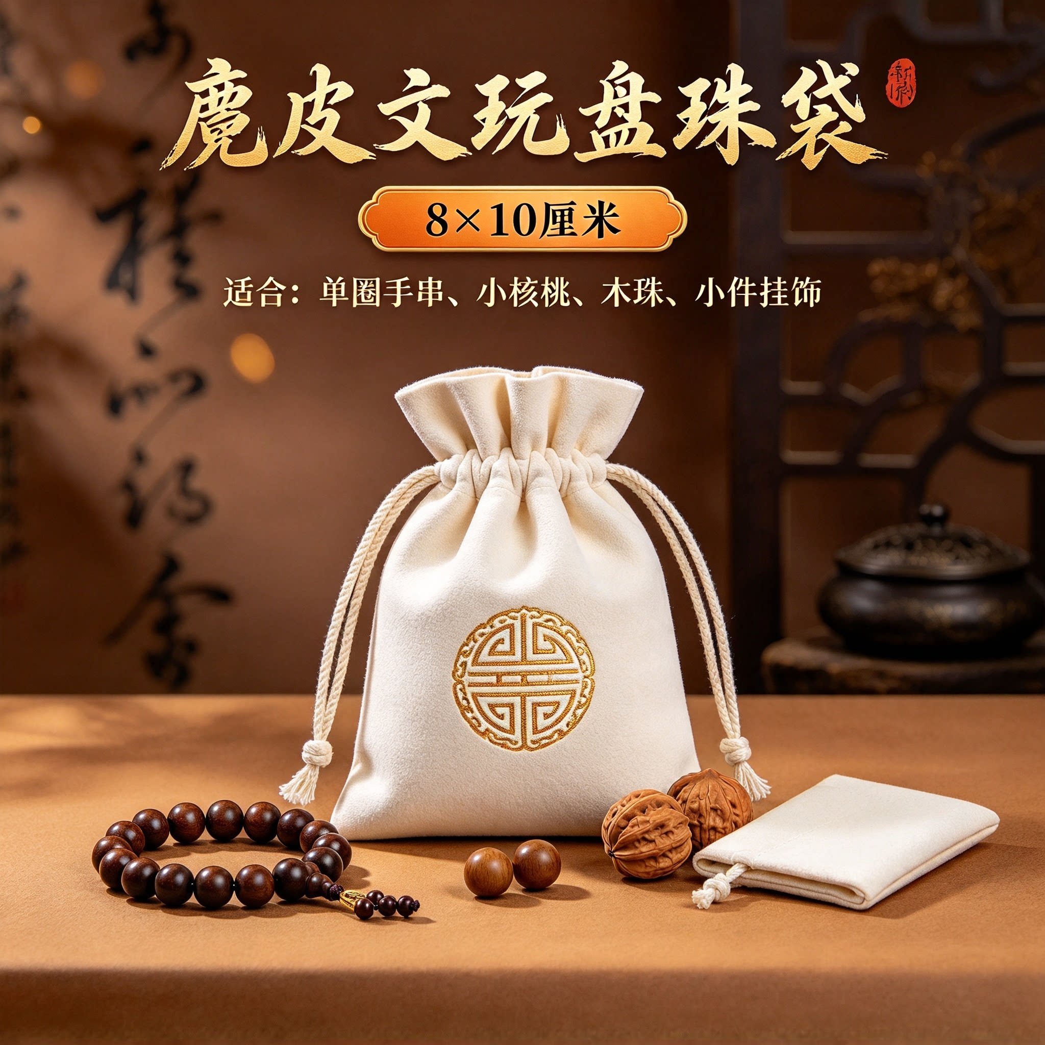 麂皮文玩袋子鹿皮盘珠手套紫檀星月黄花梨手串佛珠首饰小号收纳袋