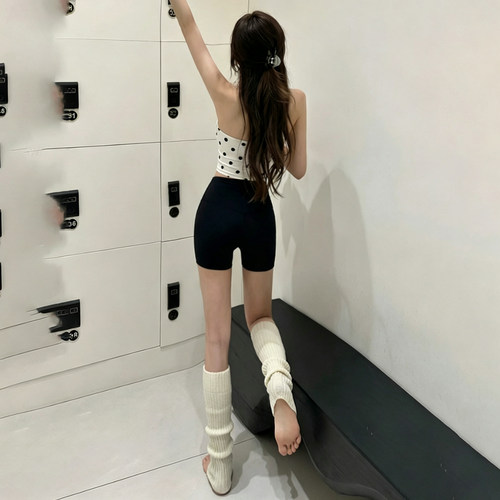 白色挂脖瑜伽背心女固定胸垫性感韩系波点美背外穿普拉提运动套装