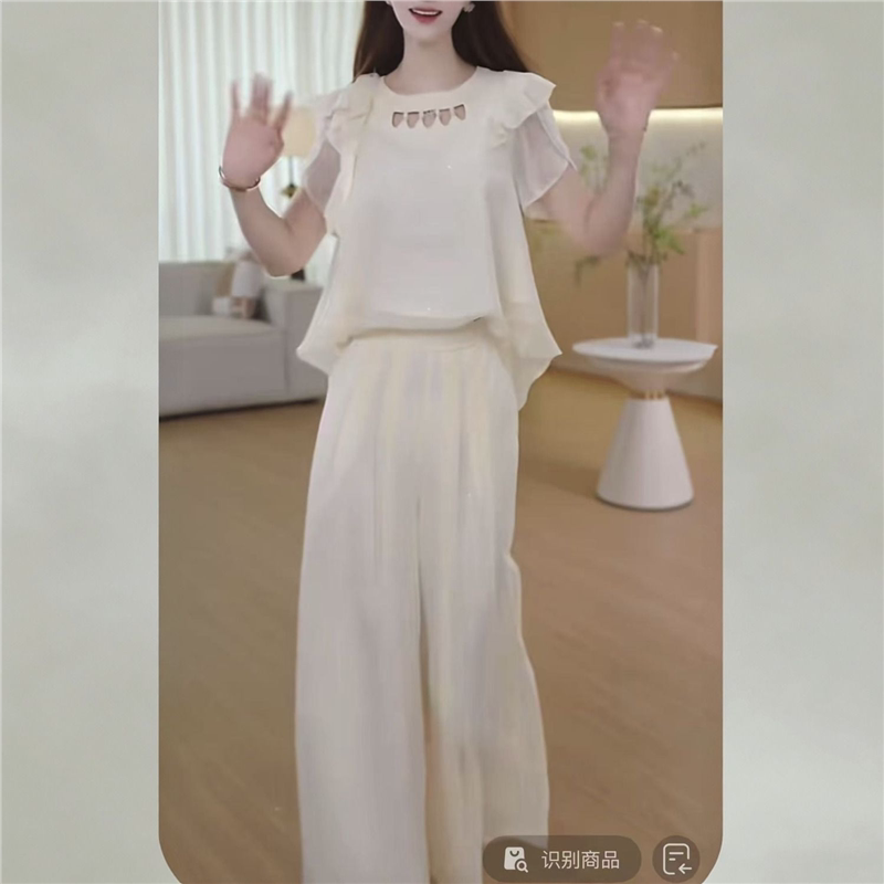 优雅荷叶边短袖显瘦礼服套装