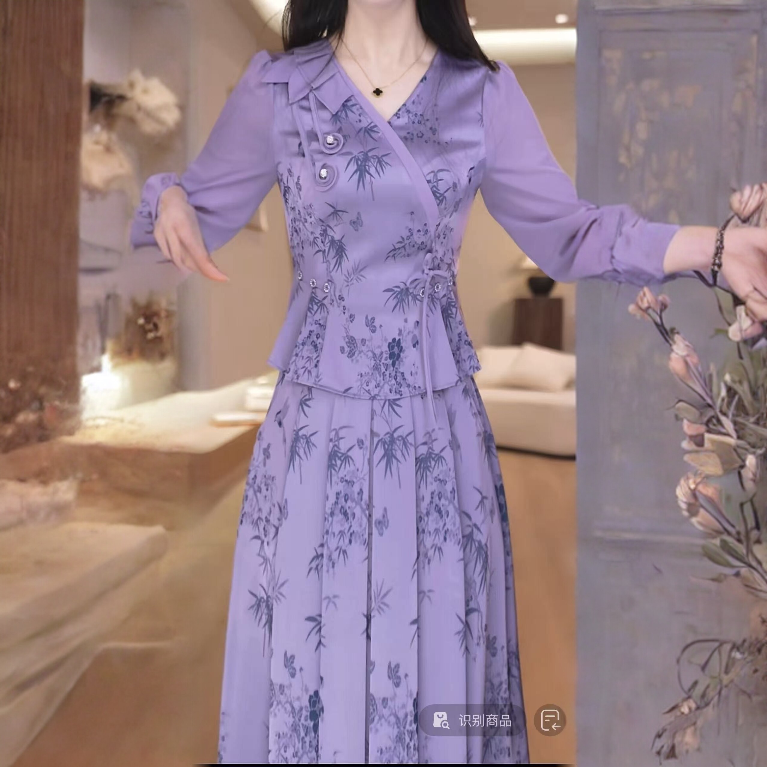 美瑞 高档气质长袖花卉印花礼服裙女2026春季新款收腰显瘦A字裙