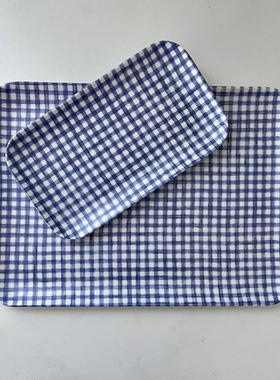 韩国ins蓝色格纹托盘亚麻托盘 茶水盘子点心水果长方形餐盘收纳盘