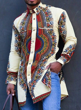 2025新款非洲民族风衬衫数码印花长袖带扣子长衫宽松时尚薄款T恤