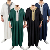 摩洛哥迪拜阿联酋男士 长袍阿拉伯绣花袍子民族风Gandoura Thobe