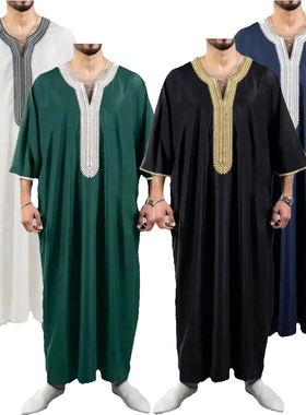 摩洛哥迪拜阿联酋男士长袍阿拉伯绣花袍子民族风Gandoura Thobe
