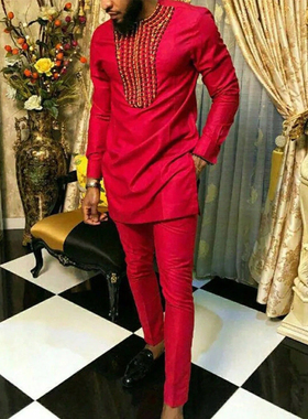 Wedding Men Suit Kaunda 2Pcs Sets African Traditional Outfit