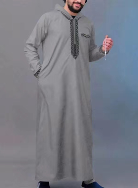 Muslim Men Thobe Robe迪拜男士长袍民族风休闲带口袋连帽袍子