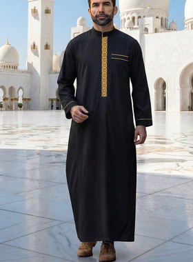 中东阿拉伯服饰男士迪拜长袍立领刺绣宽松民族风衬衫穆斯林礼拜服