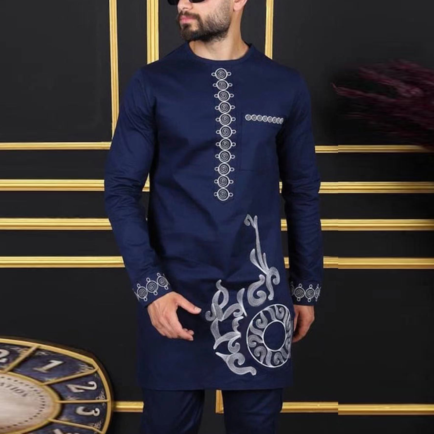 非洲男士套装刺绣两件套上衣长裤民族休闲风格婚礼服Kaftan Suit